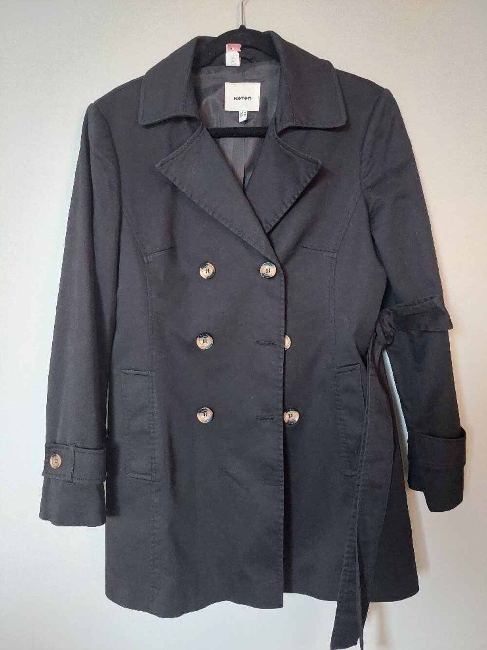 Koton Women's EU 42/ US 10 Double-breasted Black Trench Coat